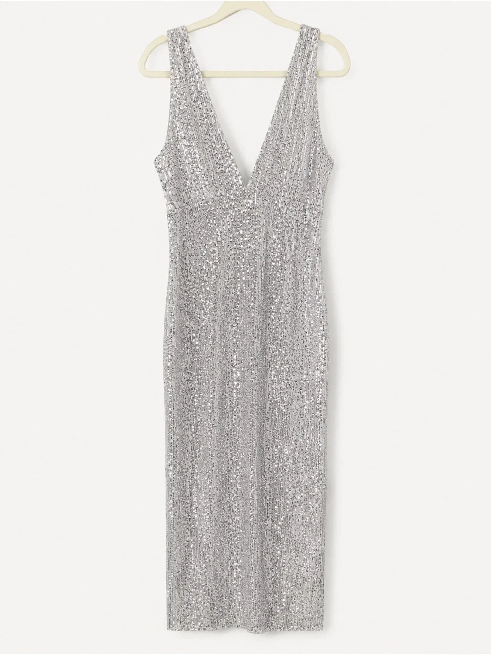 Abercrombie & Fitch Silver Sequin V-Neck Madi Dress NWOT Open Back Vegas Sz M